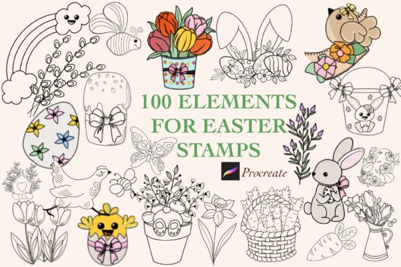 Happy Easter Digital Stamps: 100 Hand-Drawn Brushes for Creative Projects